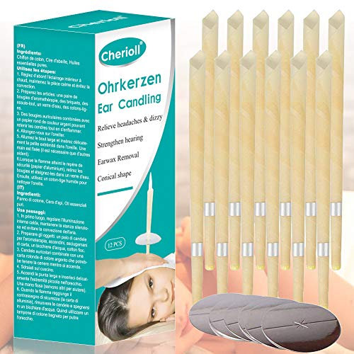 Bougies Auriculaire, Ear Wax Remover, Bougies D'oreille, Ear Candle, Pour Oreilles Bloquées, 12PCS Enlèvement de Cire D'oreille,Cônes de Bougies en Cire D'abeille Avec Disques de Protection