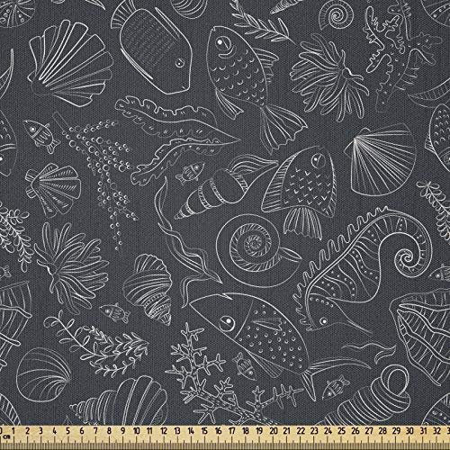 ABAKUHAUS Nautisch Stoff als Meterware, Coral Shell Seahorse, Microfaser Stoff für Dekoratives Basteln, 1M (230x100cm), Anthrazit grau und Weiß