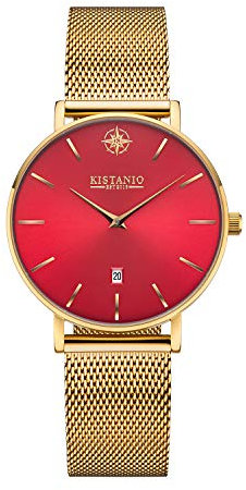 Kistanio Petit Damenuhr mit Milanaiseband Datum Edelstahl Goldfarben Rot Saphirglas GO-RTS-M