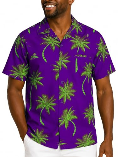 King Kameha Funky-Hawaii-Hemd, Herren, Kurzarm, Palm-Shadow, Violett-Grün, XL