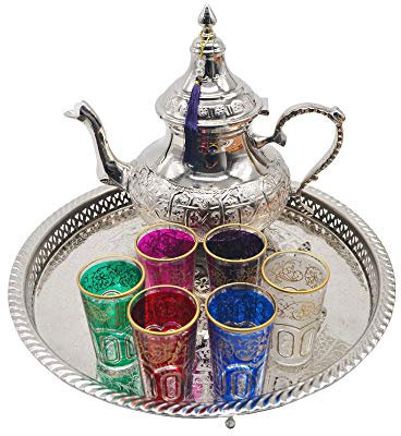 Moroccan Tea Set Complete Tea Pot 1350ml with Legs German Silver Brass Tray Diameter 37cm Total Height 4.5cm with Legs Set of 6 Coloured Glass Glasses