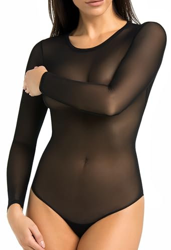 Teyli Women's Bodysuit Sheer Mesh Long Sleeves Ero Color Black Size S