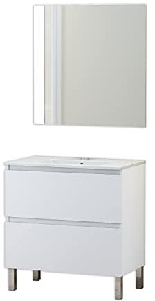 Baikal Conjunto Mueble de Baño con Lavabo y Espejo, con Patas, en Varios Acabados, Melamina 16. Puerta + Cajón 80 cm Blanco
