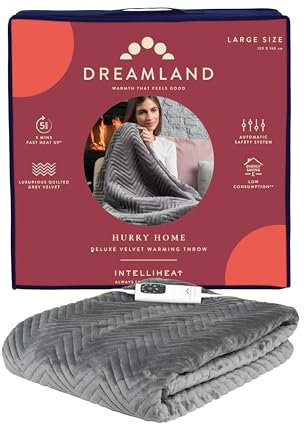 Dreamland Hurry Home Heated Throw – Grey Quilted Herringbone - Deluxe Velvet Electric Blanket Perfect for bed and Sofa, Fast Heating, Machine Washable, Detachable Control, Timer, 160x120cm