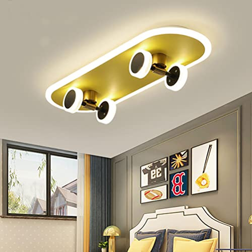 Lanekd Kinderzimmerlampe, LED Deckenlampe Wohnzimmer Modern Dimmbar 3000K-6500K Decke Hängend Jungen Kinder Schlafzimmer Deko Lampe, 32W Mini Gold Skateboard Design Deckenleuchte aus Acryl Metall