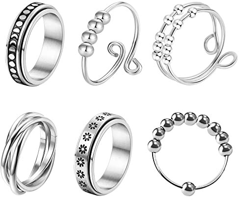 JewelryWe Schmuck 6pcs Fidget Angst Ringe Set für Frauen Herren Edelstahl Spinner Ring mit Perlen Blume Anti-Angst Drehringe Stapelbar Offene Fingerringe Stressabbauende Bandringe Band Gravur Größe 62