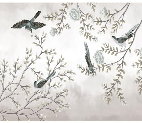 decomonkey Fototapete Vögel 400x280 cm Design Tapete XXL Fototapeten Vlies Tapeten Vliestapete Wandtapete moderne Wand Schlafzimmer Wohnzimmer Natur Blumen Zweige Japan Baum Blätter Grau Beige