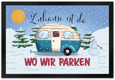 speecheese Zuhause ist da, wo wir parken Winter Fußmatte XL in 40x60 cm mit Camper-Motiv EIN farbenfroher Fußabtreter als hübsche Geschenkidee für Camping-Begeisterte in jeder Jahreszeit