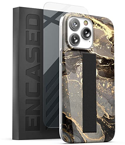 Encased Finger Loop Case Designed for iPhone 14 PRO Case with Hand Strap Phone Holder and Screen Protector (Ring Gold Marble)