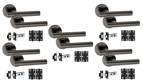 Golden Grace T-Bar Handles with Latch & Hinges, Metallic Black, 5 Sets | Includes spindle and screws for easy setup, featuring a sprung lever mechanism to ensure smooth, secure operation.
