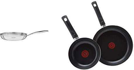 Tramontina Grano Frying Pan Stainless Steel for Induction, Electric, Gas and Ceramic Glass Hobs, Cookware, Kitchen, 26 cm, 2.2L & Tefal Aluminium Non-Stick 20cm & 28cm Frying Pan Twin Pack, Black
