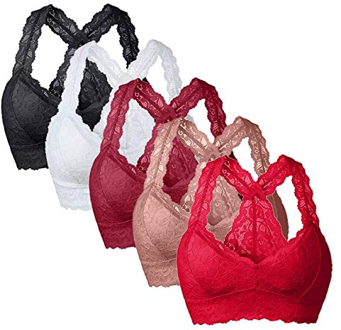 5 Stück Damen BH Ohne Buegel Spitzen BH Bralette Neckholder Bra Crop Top Set Push up Yoga Sports BH Ungepolstert Stretch Bustier Schlafen BH Atmungsaktiv Sport-BHS Lace Bra für Frauen Mädchen