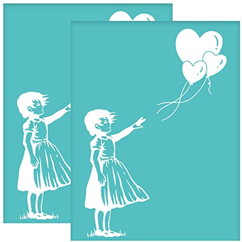 OLYCRAFT 2 Stück 22x28 cm Banksy Selbstklebende Siebdruckschablone Banksy Ballon Mädchen Siebdruckschablone Herzballon Wiederverwendbare Netzschablonen Transfer Für DIY T Shirt Stoffmalerei