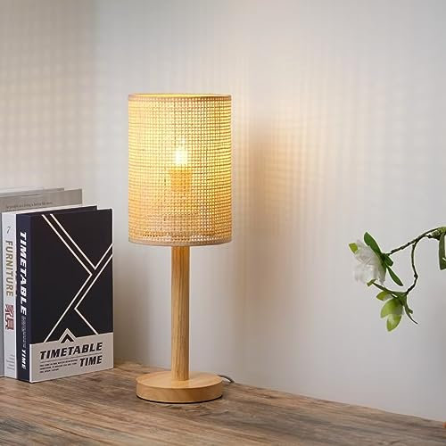 GUANSHAN Handgefertigte Rattan-Tischlampe, Nachtlicht, Wabi-Sabi-Stil, Rattan-Nachttischlampe mit Holzsockel, Tischleuchte, dekorative Tischbeleuchtung für Schlafzimmer, Wohnzimmer, Stil 1