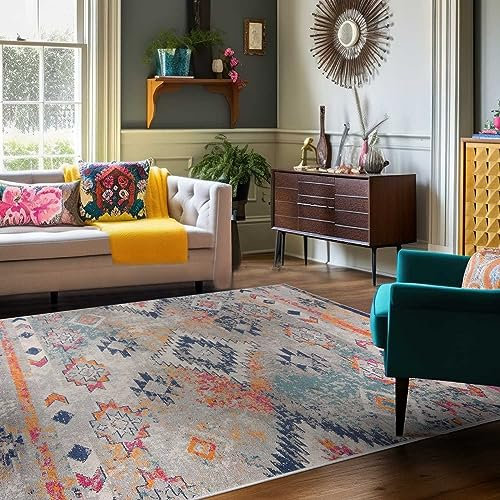 Mazovia Bunte Teppiche - Vintage Boho Bunt Teppich für Wohnzimmer, Esszimmer, Schlafzimmer - Kurzflor Niedrigflor Pflegeleicht Oeko-TEX - Multi Mehrfarbig - Versch. Größen - 140 x 200 cm