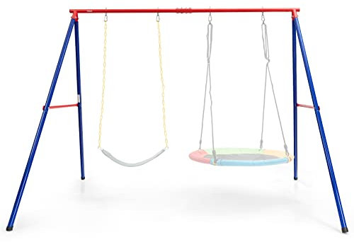 COSTWAY Portique Balançoire Exterieur en Métal avec Cadre en Forme A,Support de Balançoire Enfant Extérieur avec Tapis Antidérapant, Charge 250kg pour Intérieur Extérieur, 260x183x183cm
