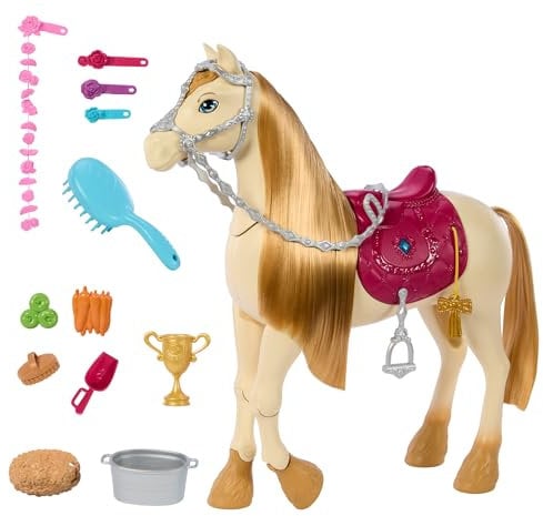 Barbie Spielzeugpferd mit Geräuschen, Musik und Zubehör, inspiriert von Barbie Mysteries: Das geheimnisvolle Pferdeabenteuer“ Pferd kann sich bewegen, tanzen und mit den Augen blinzeln, HXJ42