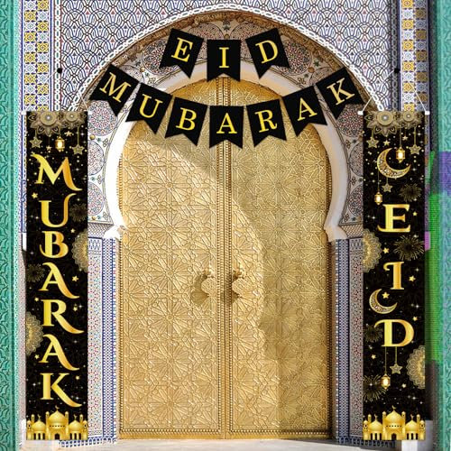 TOPJOWGA Eid Mubarak Banner, 3 Stück Ramadan Kareem Banner, Ramadan Mubarak Hintergrund Banner, Schwarz Gold Ramadan Deko, Muslimische Ramadan Dekoration, Ramadan Flagge Party Dekoration