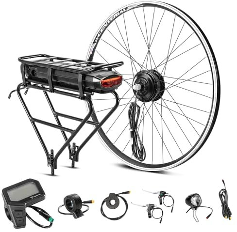 YOSE POWER Ebike Kit 36V250W 28 Frontmotor Fahrrad E-Bike Hub Umbausatz Integrierte Controller mit 36V 13Ah Gepäckträger Akku für 28 Scheibenbremse V-Brake Hinterrad Bike mit Rücklicht