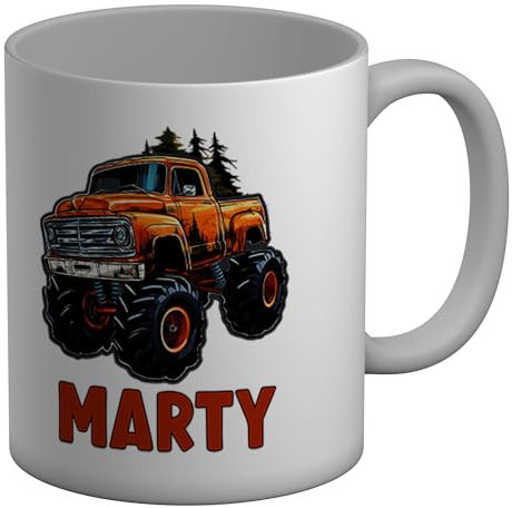 Shopagift Personalised Yellow Monster Truck Mug Any Name Off Road Vehicle White 11oz Large Ceramic Cup
