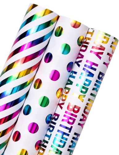 RUSPEPA Geburtstags-Geschenkpapierrolle – Mini-Rolle – 3 Rollen – 43,2 cm x 3,05 m pro Rolle – buntes Folien-Geburtstagsdesign für Party, Urlaub, Babyparty