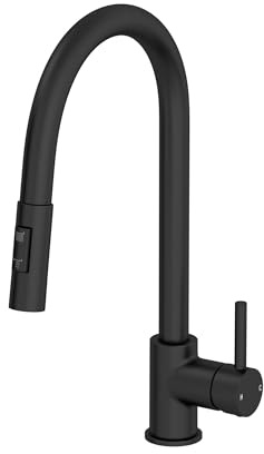Lussena® Astano Kitchen Sink Mixer Tap Dual Spray Pull Out Head 180 Degree Swivel Spout Brass Body Single Lever for Sinks Taps Modern Round, Matt Black