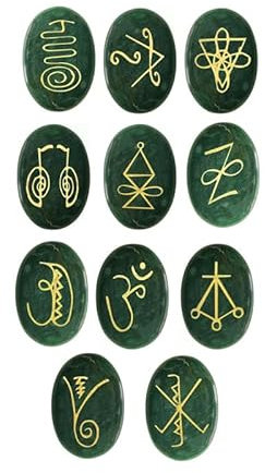 EDZZEL Piedras de cristal ovaladas con símbolo de Reiki K-ARUNA grabadas de jade verde, 11 piezas (1 juego)
