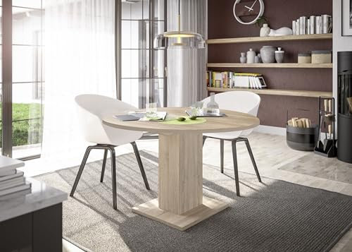möbelando Säulen-Esstisch >Tap< (ausziehbar) in Eiche sägerau - 90x76x90cm (BxHxT)