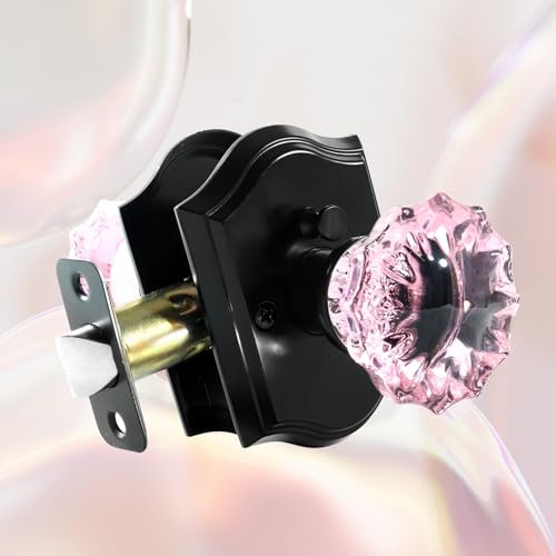 Floresita Crystal Door Knobs, Pink Black Glass Door Knobs Interior Rose Shape with Lock Privacy Function, Vintage Antique for Bedroom Bathroom