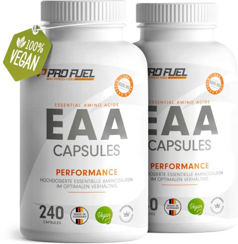 EAA Kapseln hochdosiert 2x240 Giga Caps mit je 1000 mg EAA (vegan) - Optimiertes Multi-Amino EAA-Pattern (Human Code-Profil) - Ohne Zusatzstoffe - Made in Germany - 100% vegan - ProFuel