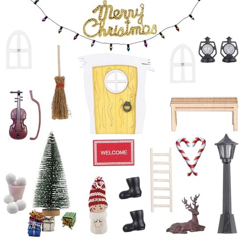 Gebiuhoo Wichteltür Set, Wichtel Zubehör Weihnachten, Holz Wichtel Tür mit Miniatur Zäun, Leiter, Stiefel, Kranz, Gitarren Weihnachtswichtel Set für Kinder Weihnachtsdekoration Zubehör