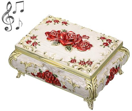 SUMNACON Metal Music Box Musical Jewelry Case Keepsake Case, Vintage Music Organizer Rose Embossed Musical Box for Christmas, Birthday, Valentines Day (Tune:You Are My Sunshine, Beige Red)