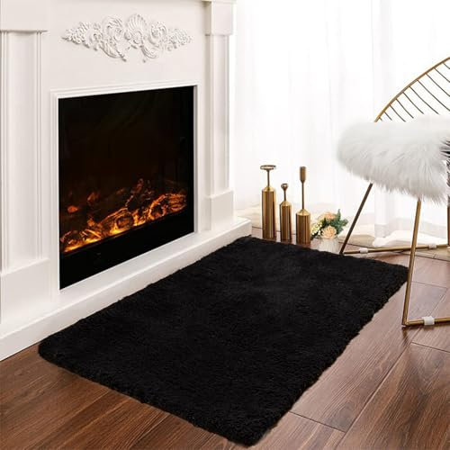 Latepis Tappeto Nero Peloso Morbido 60x90 cm Pelo Medio-corto Tappeti Salotto Moderno Camera da Letto Cameretta Lavabile