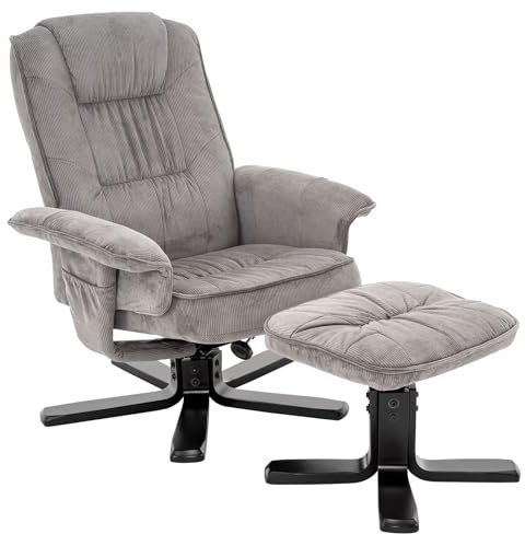 IDIMEX Relaxsessel Charly mit Hocker hellgrau - TV Sessel mit Verstellbarer Rückenlehne, Wohnzimmersessel mit Seitenfach und Beinablage, Loungesessel aus Kordstoff