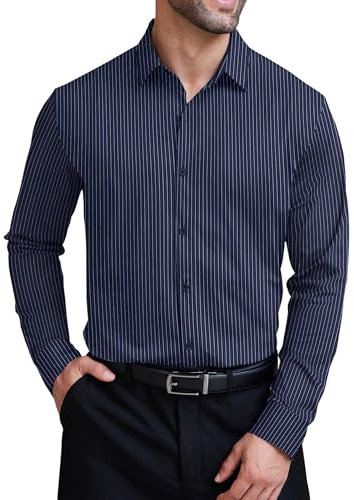 COOFANDY Mens Dress Shirts Long Sleeve Wrinkle Free Shirts Regular Fit Button Down Business Formal Shirts, Navy & White Stripes, 3XL