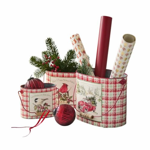 Loberon Ãœbertopf 3er Set Fuzzy, rot | Unterschiedliche Größen, Landhaus-Flair, Winterliche Motive, Karomuster, Geschenkverpackung, Weihnachten, Eisen