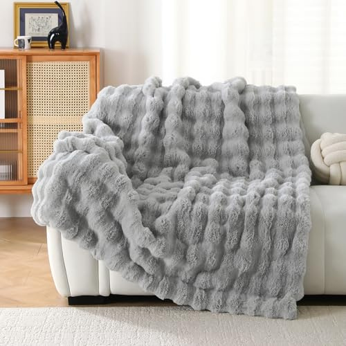 Luxuriöse, dicke Plüschdecke aus Kaninchenfell, ultraplüschig, gemütlich, weich, dekorative Decke für Couch, Bett, Reisen (Hellgrau, 152,4 x 203,2 cm)