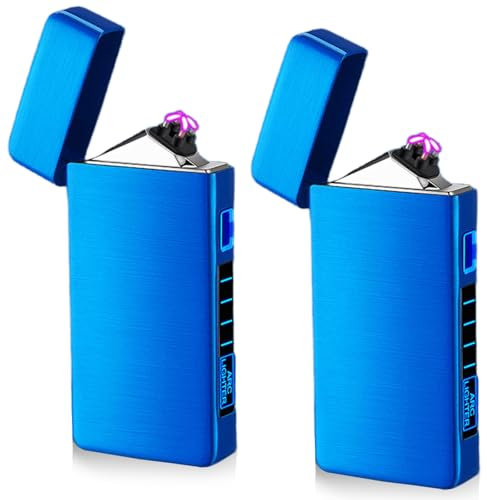 2 Stück USB Elektronische Feuerzeug, Electric USB Lighter Lichtbogen LED Dual Lichtbogen Feuerzeg mit Batterieanzeige Winddicht Plasma Feuerzeug per Knopfdruck Auslösen (Blau)