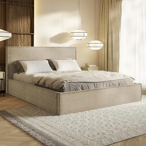 MOTIVENA Boho Bett 200x200 Beige Cord, mit Stauraum, mit Kopfteil, mit Lattenrost, ohne Füße, ohne Matratze, Polsterbett 200x200 mit Bettkasten Beige