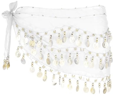 sourcing map Belly Dance Hip Scarf 55x10 with 98 Gold Coin,White | Women's Belly Dance Costume Skirt Wrap for Dance or Yoga Class