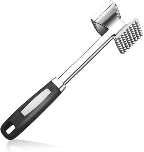 Professional Meat Tenderiser Mallet, Double-Sided Metal Head, Stainless Steel with Black Ergonomic Handle (Metal, Silver)