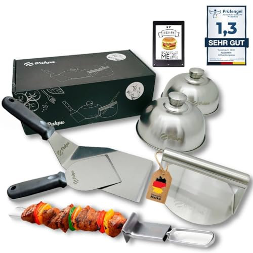Pukpu Smash Burger Kit Profesional – Set 6 Piezas con Prensa Smash, espátulas Plancha, cúpulas derretir Queso y Accesorios para cocinar Hamburguesas Estilo Americano en casa o BBQ (Negro)