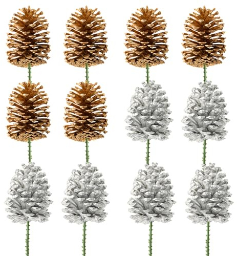 Fangoo 12 Pack 8-12cm Large Christmas Pine Cones Picks Natural Gold Silver Pine Cone for Xmas Tree Decorations Craft Garland Wreath Ornaments Pinecones Decorating Winter Holidays Home