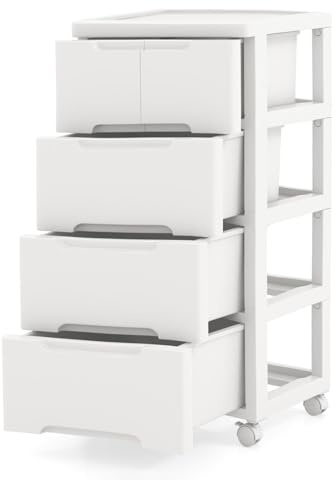 KOMFOTTEU Schmaler Nischenschrank auf Rollen, Rollschrank mit 4/5/6 Schubladen, Rollwagen Nischenregal platzsparend, Ordnungswagen für Küche,Badezimmer (4 Ebenen, 40 x 32 x 79 cm)