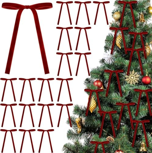 Gleemix Rote Schleifen Weihnachtsbaum, 24 Stück, Rot Samtschleifen, Christbaumschmuck, Schleifen für Weihnachtsbaum, Girlande, Zaun, Haustür, Kamin Deko