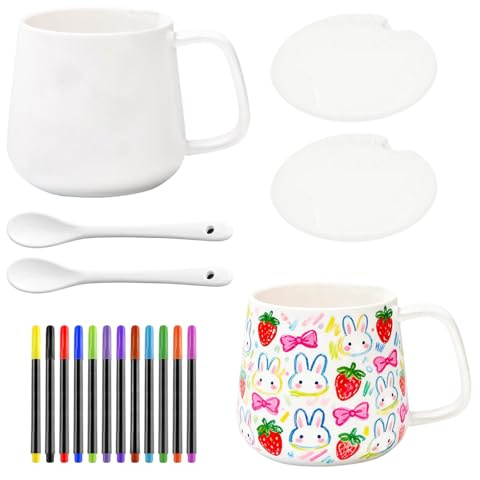 Keramik Tassen Bemalen Set, 2 WeißE Porzellan tassen zum bemalen, DIY Keramik Malset, Weiße Porzellan Tassen Bemalen Set, 12 Farben, für Personalisiertes Geschenk A, Tassen Selbst Bemalen
