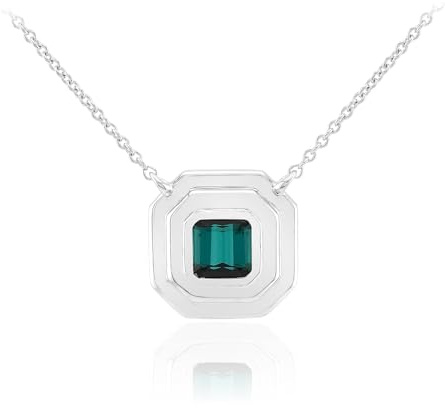 Cavill Indigolith Halskette 0,473 ct Oktagon Schliff 925 Sterlingsilber platiniert, 11x11 mm Anhänger, verstellbare Kette 40,5-45,5 cm, tiefgrün, modern geometrisch