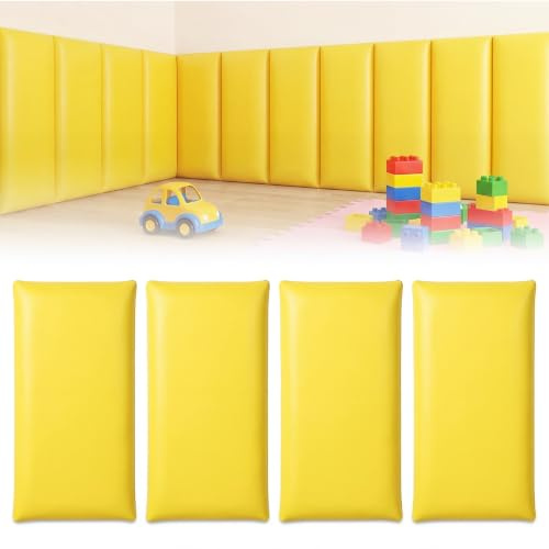 OJTOJT 3D Wandpaneele, 4 Stück 20x40cm Selbstklebende Wandpolsterung, PU Wasserdicht Wandpaneel Gepolstert, Wandkissen Kinderzimmer für Schlafzimmer, Kinderzimmer (Gelb)