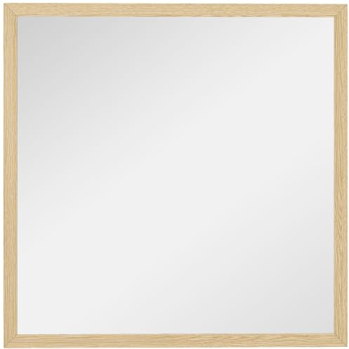 HOMCOM Miroir Mural Carré 50 x 50 cm, Cadre en Bois Naturel | Idéal pour la Salle de Bain, Salon ou Chambre
