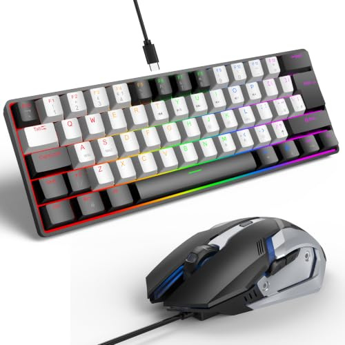 Nsyee 60% Wired Mechanical Gaming Keyboard & Mouse Combo, 61-Key Backlit | UK Layout, USB-C Plug & Play, Compact RGB Backlit Keyboard & Mouse with 7 Spare Blue Keycaps, Wide Compatibility